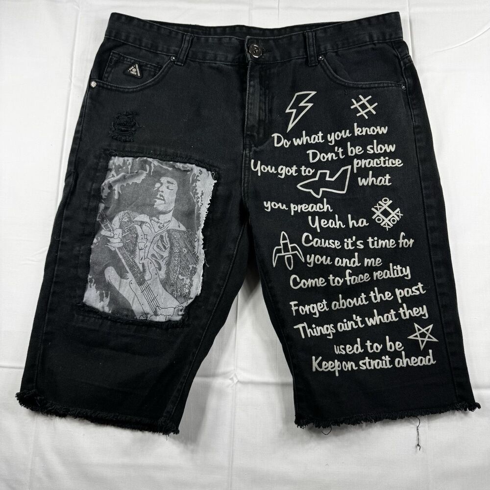 DNM Collection Mens Distressed Jeans Shorts Size 36 Jimi Hendrix AOP Music Black